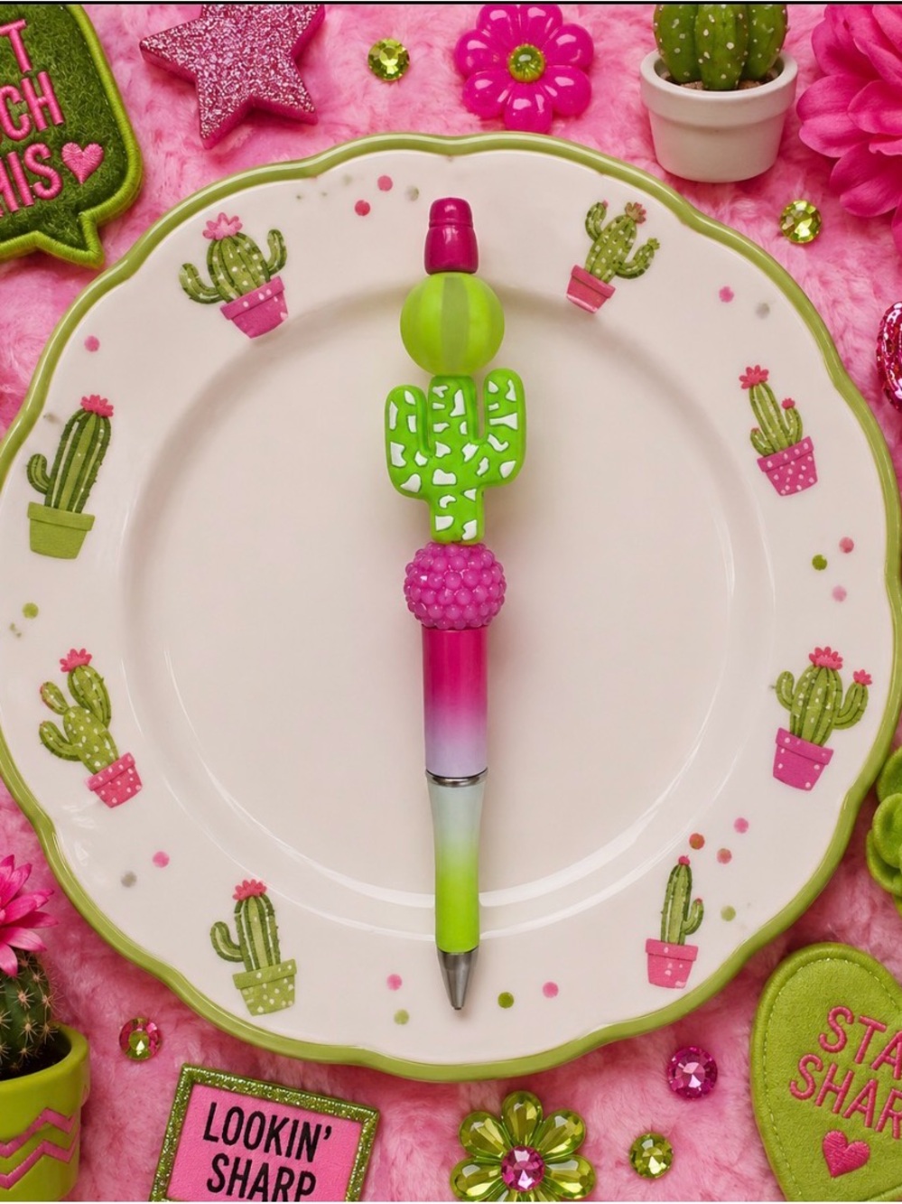 Handmade Green & Pink Cactus Pen - Decorative Home Office Stationery